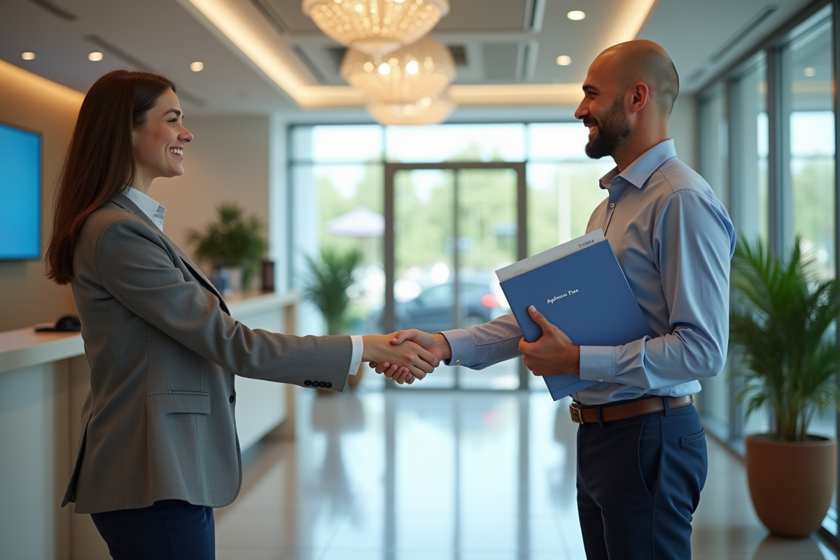 Accueil moderne en banque avec employé et client professionnel