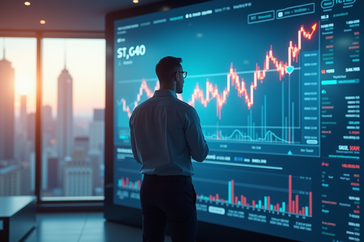 Trader professionnel devant un grand écran de données financières