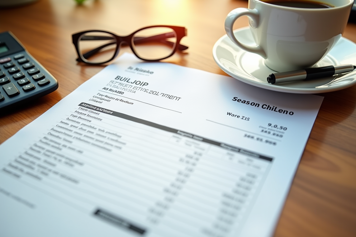 Zoom sur un bulletin de salaire français avec calculatrice et café