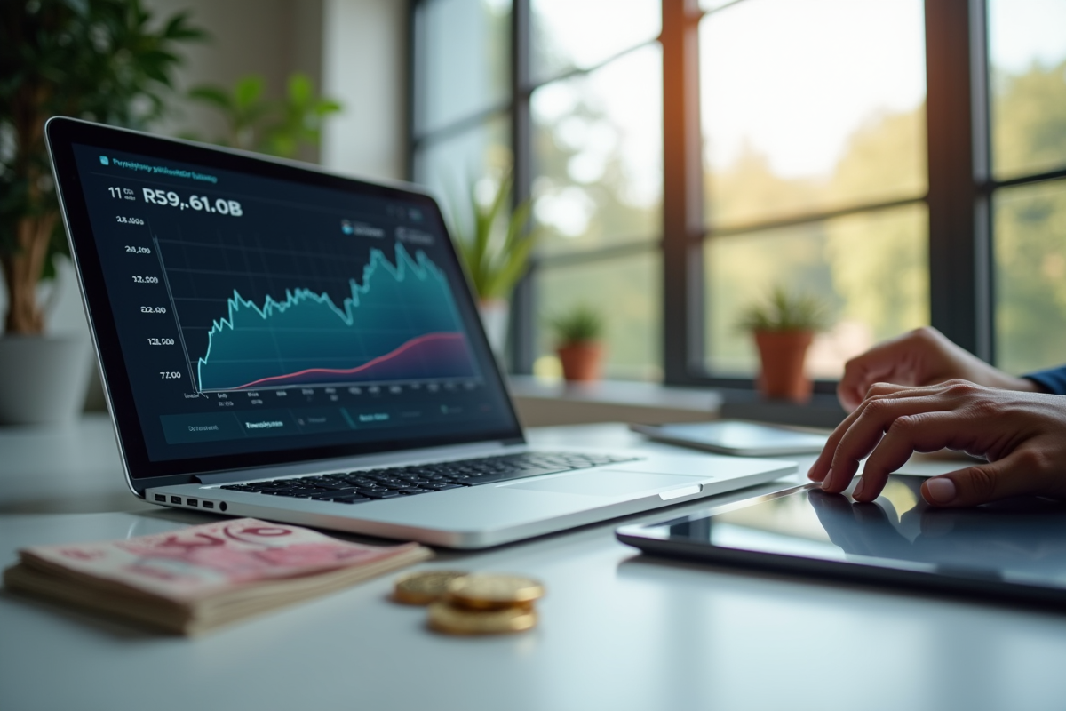 Espace de travail moderne avec ordinateur affichant des graphiques financiers et monnaie