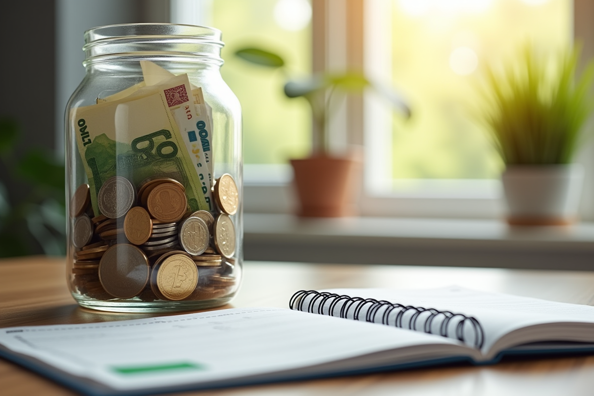 Un pot rempli de pièces et billets d euro avec un livret d épargne à côté dans un bureau lumineux