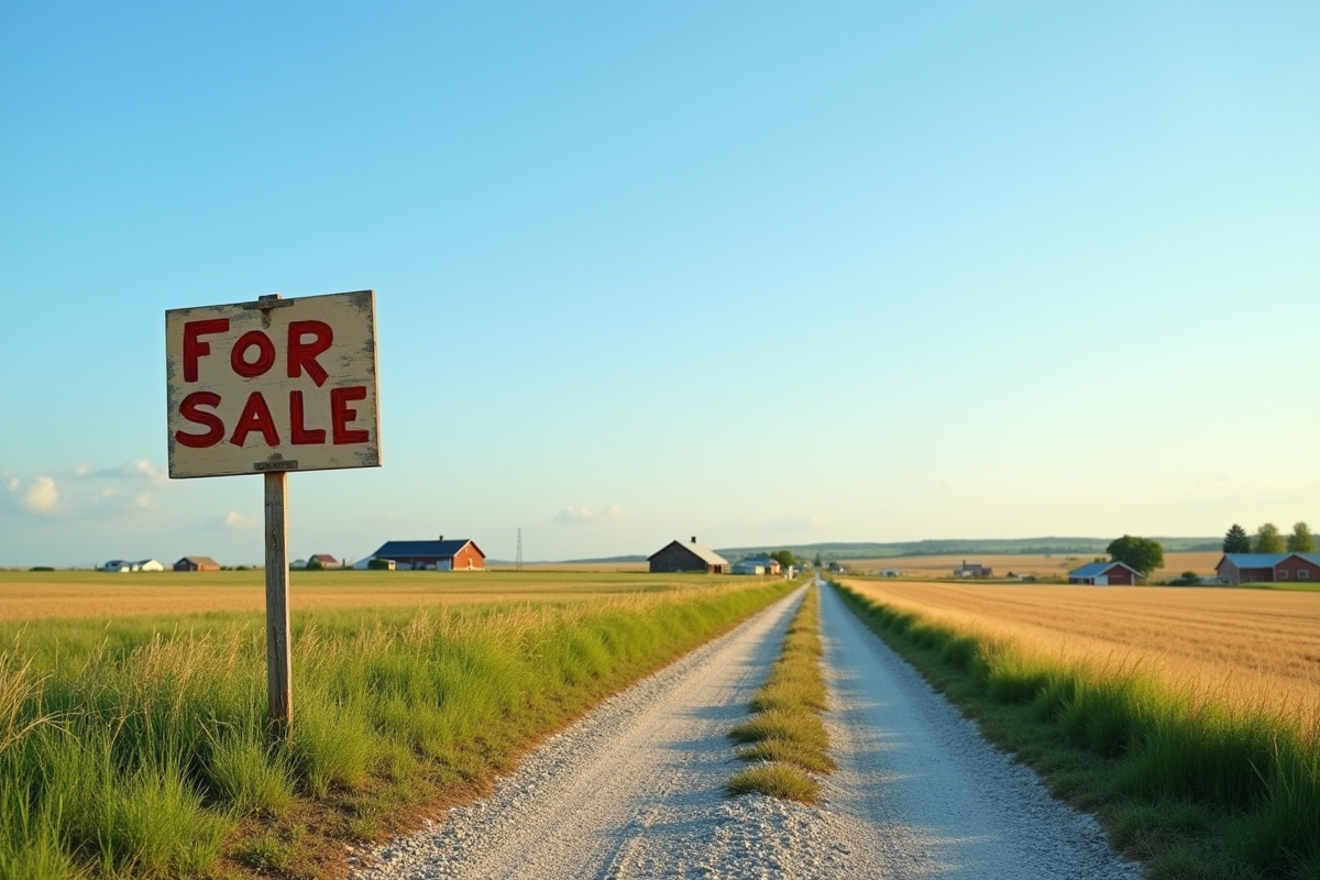 Chemin rural menant à une ferme avec panneau vente