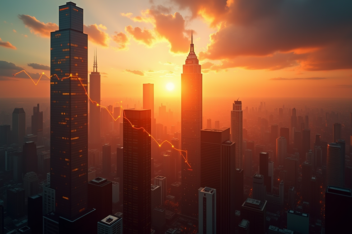 Ciel au lever du soleil sur un district financier avec ticker boursier