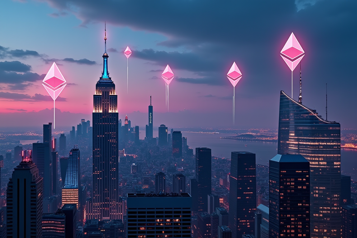 Silhouette d une ville futuriste avec logos Ethereum lumineux