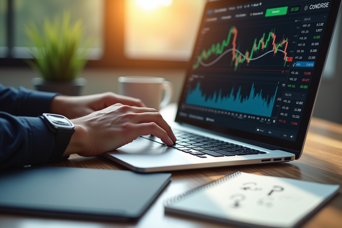 Mains tapant sur un clavier avec graphique XRP et notes manuscrites