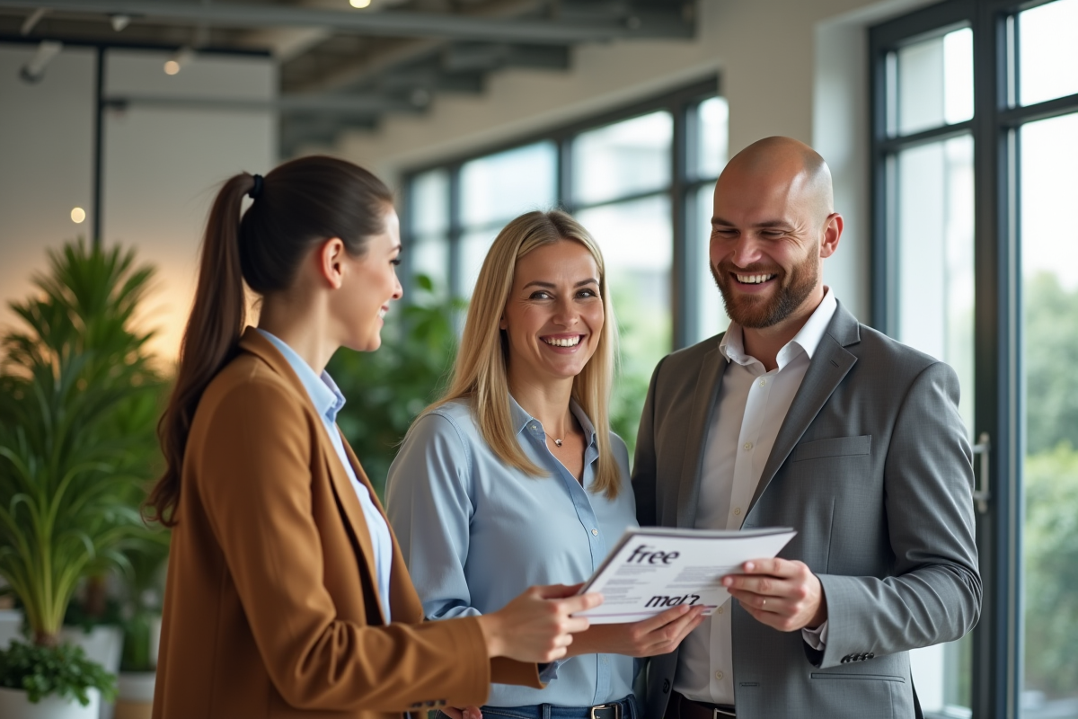 Conseiller souriant présentant brochure d