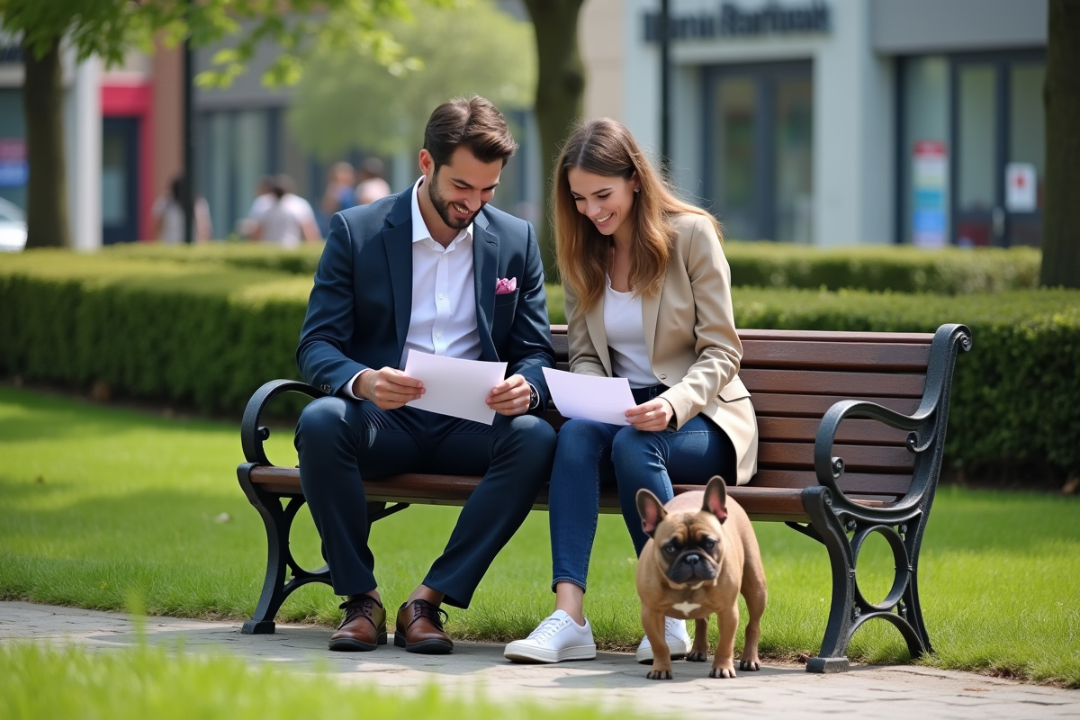 Jeune couple avec chien bulldog dans un parc urbain