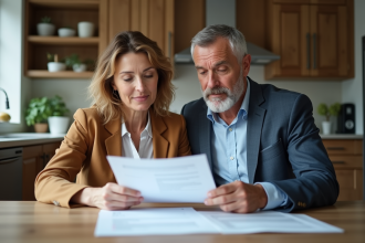 Couple d'adultes examinant des documents de prêt immobilier