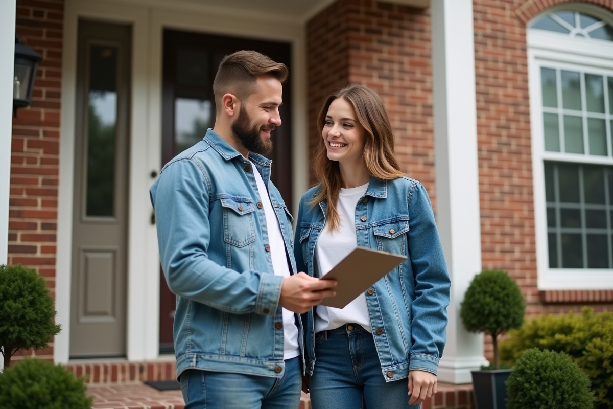 Jeune couple discutant devant leur maison en posant avec un clipboard