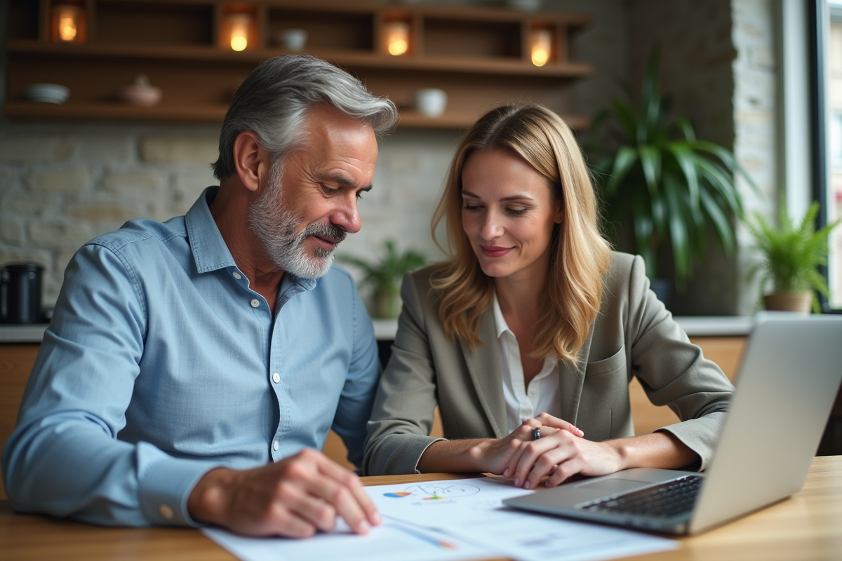 Couple français en réunion immobilière dans un appartement moderne
