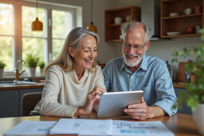 Couple souriant utilisant une calculatrice retraite à la maison
