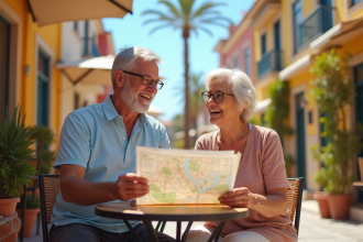Couple retraité souriant à une terrasse ensoleillée en Méditerranée