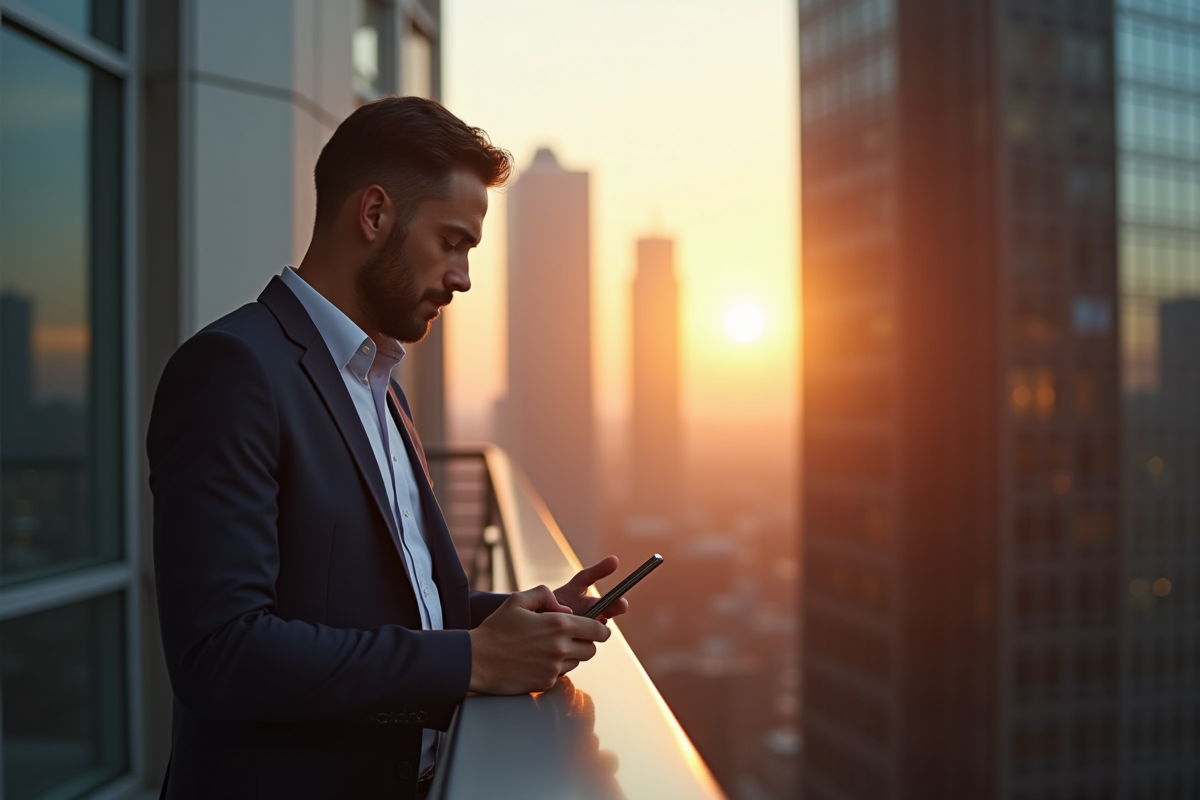 Courtiers boursier utilisant un smartphone sur un balcon avec vue sur la ville au lever du soleil