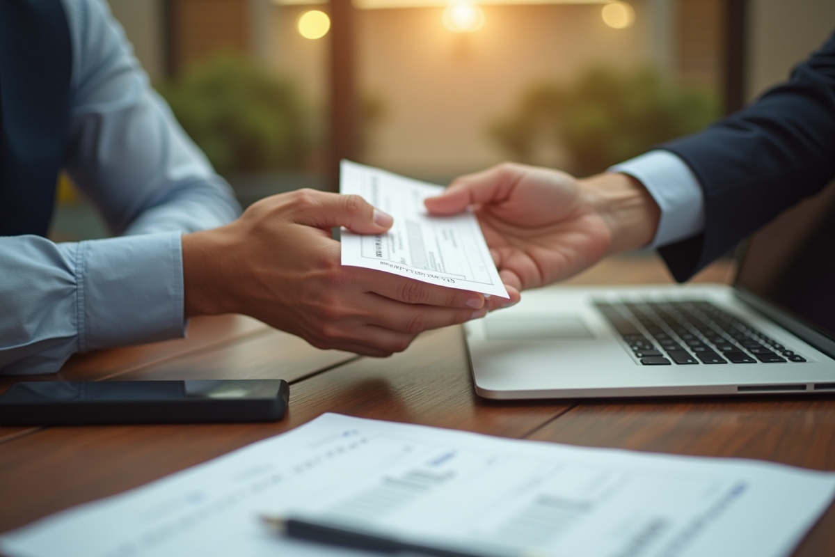 Echange de chèque entre deux mains sur une table en bois avec documents financiers