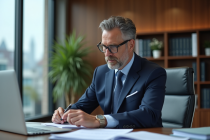 Homme d'affaires en costume bleu dans un bureau moderne