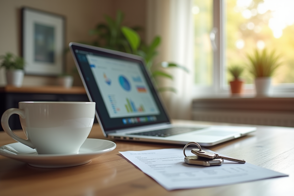 Espace de travail à domicile avec ordinateur et clés de maison