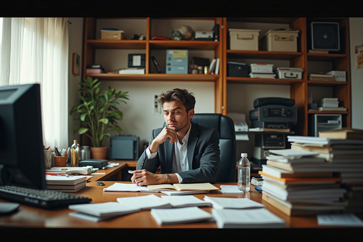 Espace de travail encombré avec technologie obsolète et employé fatigué
