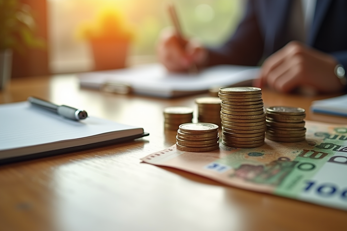 Fiche de planification financière avec billets et pièces d euro sur une table en bois