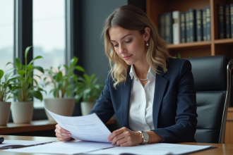 Femme d'affaires en bureau examinant documents d'assurance
