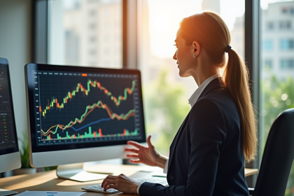 Femme d'affaires confiante analysant des graphiques financiers colorés