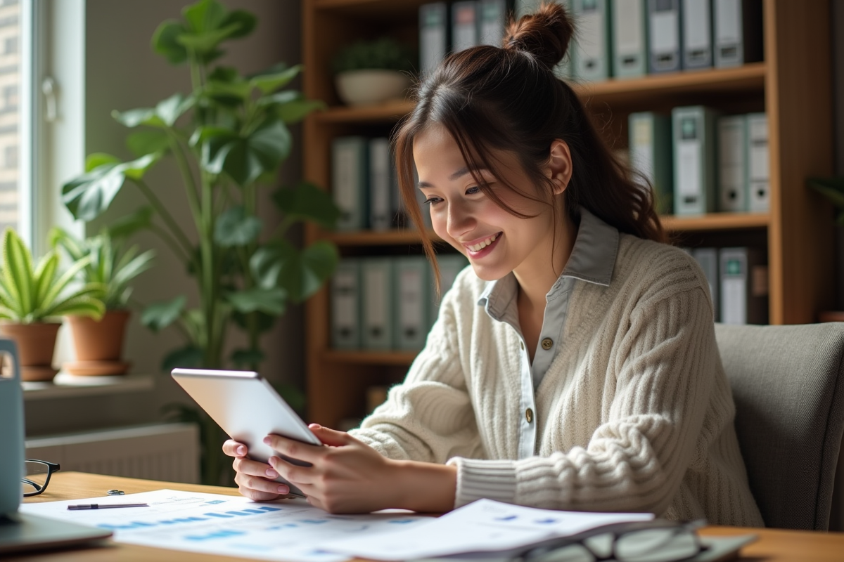 Jeune femme en tenue décontractée analysant des graphiques sur une tablette