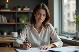 Femme d age moyen remplissant un formulaire d annulation à la maison