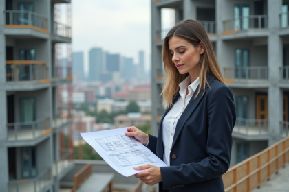 Femme architecte examinant des plans sur un chantier urbain