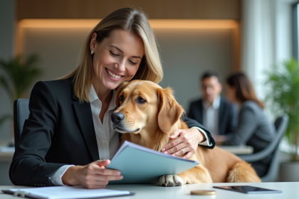 Femme d'affaires avec chien retriever dans un bureau moderne