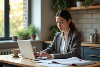 Jeune femme au bureau vérifiant ses relevés bancaires