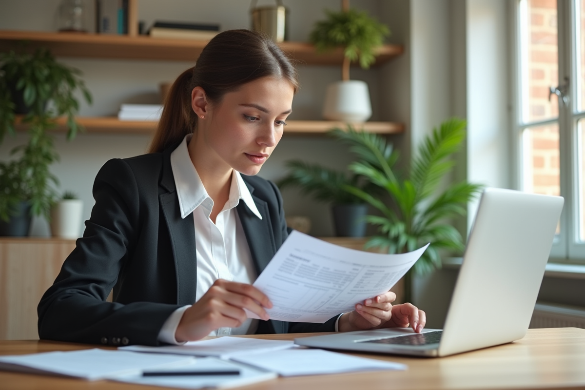 Jeune femme professionnelle compare ses relevés bancaires