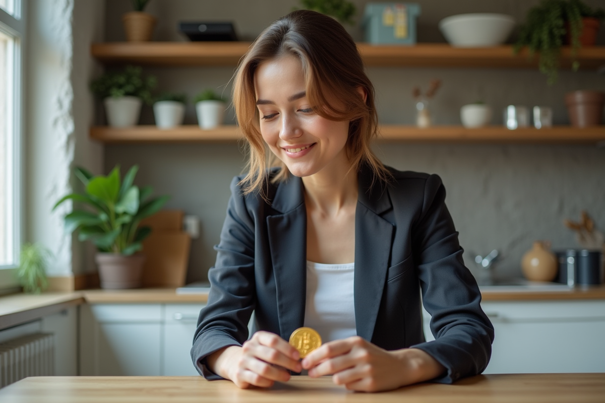 Jeune femme examine une pièce de bitcoin dans une cuisine moderne
