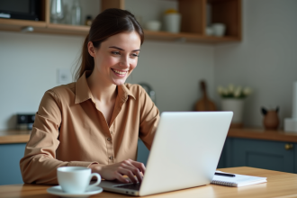 Jeune femme souriante utilisant un ordinateur portable pour offres cashback