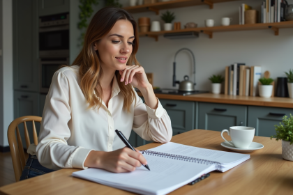 Femme en cuisine examinant un planificateur financier