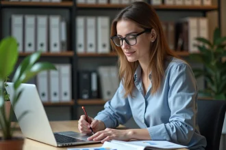 Femme en bureau avec graphique et formules