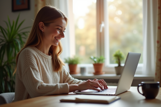 Jeune femme souriante utilisant un ordinateur dans un bureau cosy