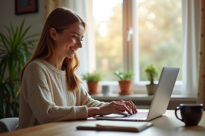 Jeune femme souriante utilisant un ordinateur dans un bureau cosy