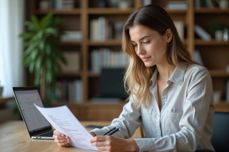 Jeune femme au bureau vérifiant un document