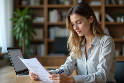 Jeune femme au bureau vérifiant un document