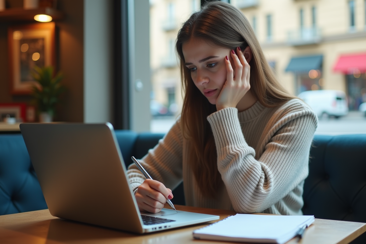 Jeune femme inquiète travaillant au café avec son ordinateur