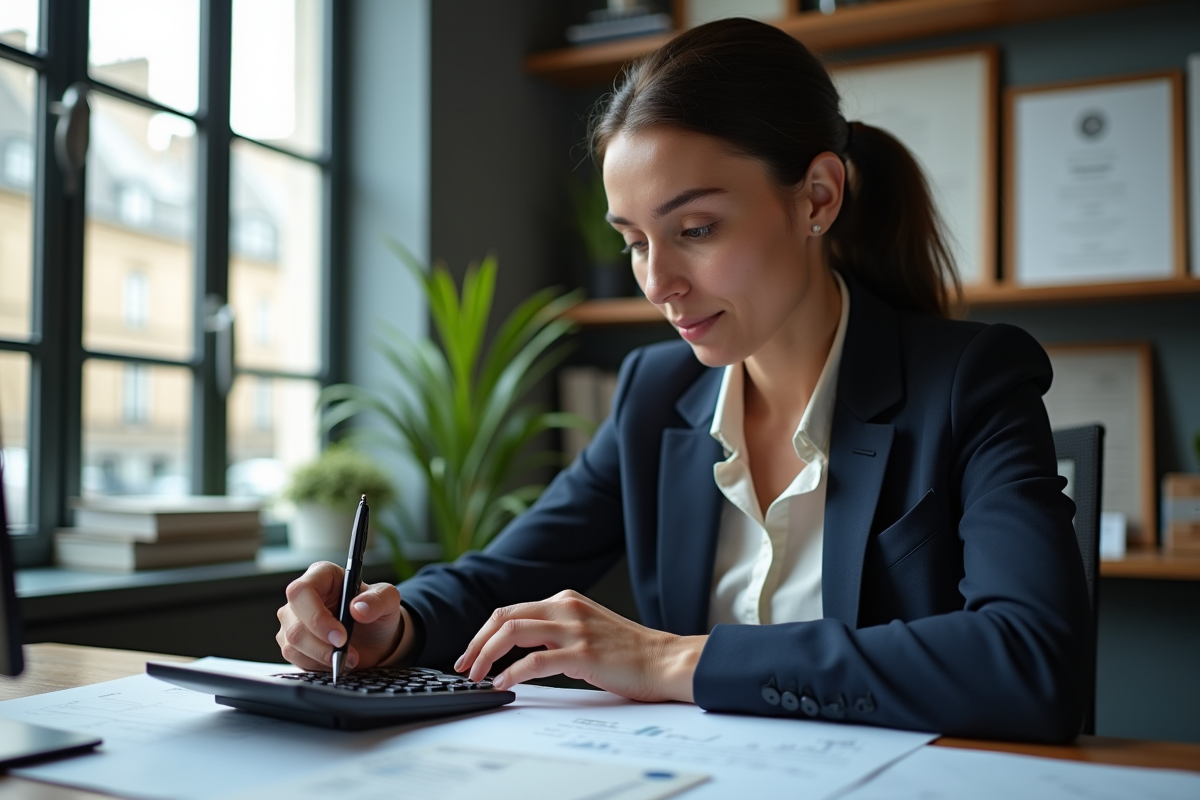 Femme professionnelle utilisant une calculatrice dans un bureau parisien