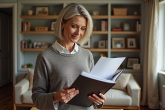 Femme examinant un dossier d'assurance logement dans son salon