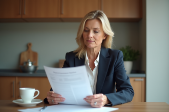 Femme d'âge moyen examine des documents d'assurance dans une cuisine moderne