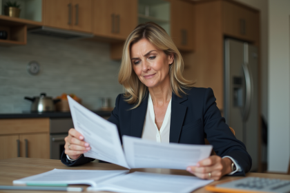 Femme d'âge moyen examinant des documents hypothécaires à la maison