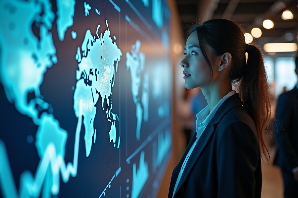 Jeune femme observant un graphique de marché dans un espace de coworking