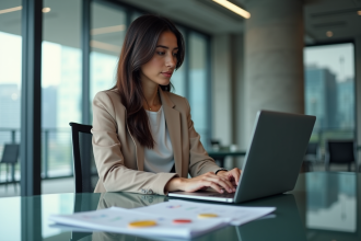 Femme confiante regardant des graphiques crypto au bureau