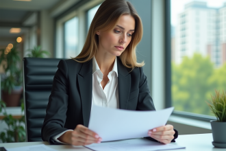 Femme d'affaires examinant des documents de prêt immobilier