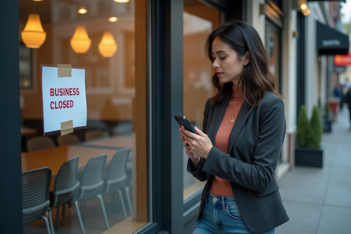 Jeune femme devant une boutique crypto fermée en ville