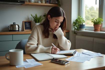 Jeune femme examinant son carnet d'épargne dans une cuisine moderne