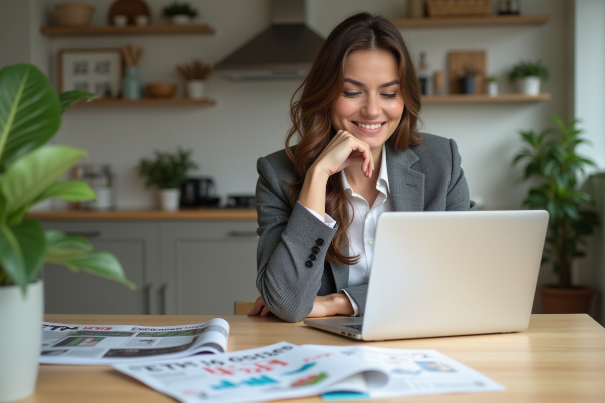 Femme assise à la maison compare ETF sur son ordinateur portable