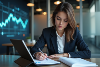 Jeune femme en tenue d'affaires étudiant un tableau financier